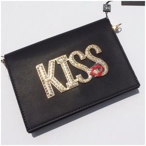 Black Leather Crystal Kiss Crossbody Handbag Clutch